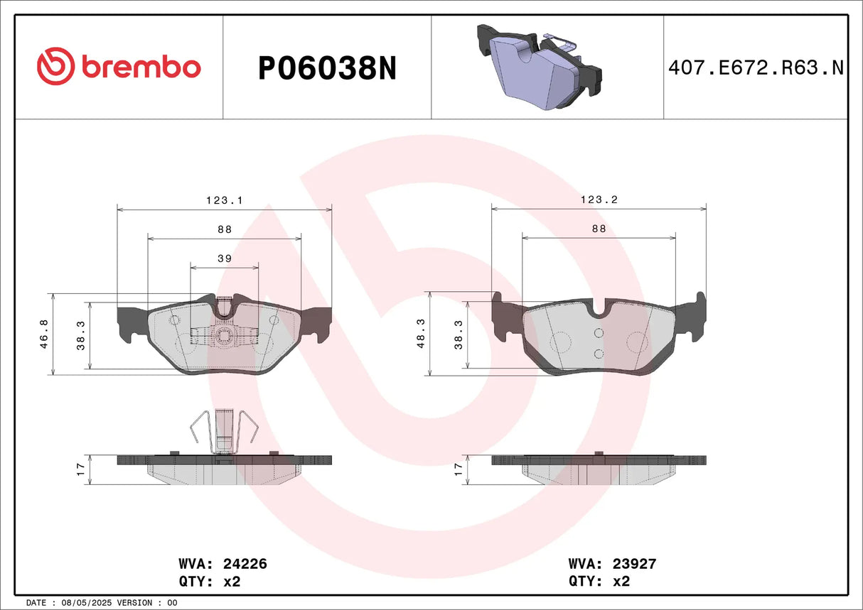 Brembo P06038N Prime Ceramic Brake Pad Set Rear For BMW 1, 2, 3, 4 Series F20, F22, F30, F31, F32, F33, F34, F36, F80, F83, F87 X3 X4 F25 F26