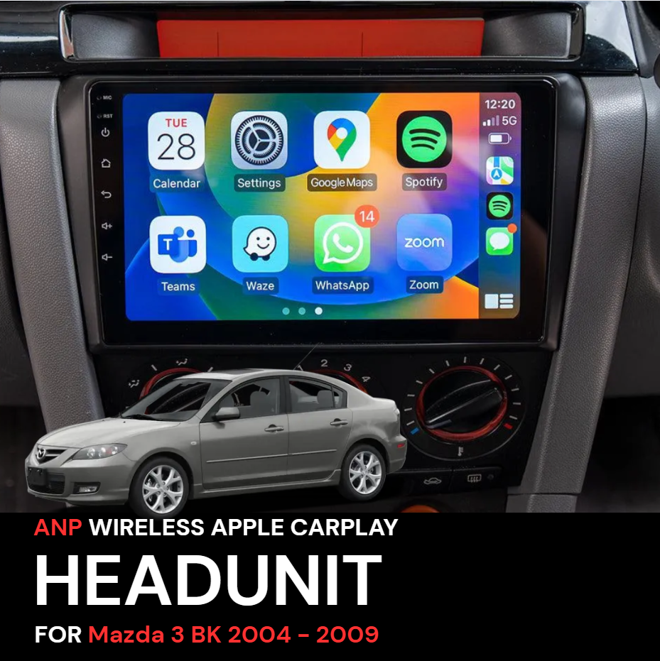 Car headunit with Apple CarPlay interface displayed in a car interior, featuring ANP Wireless Apple CarPlay Headunit for Mazda 3 BK 2004-2009.