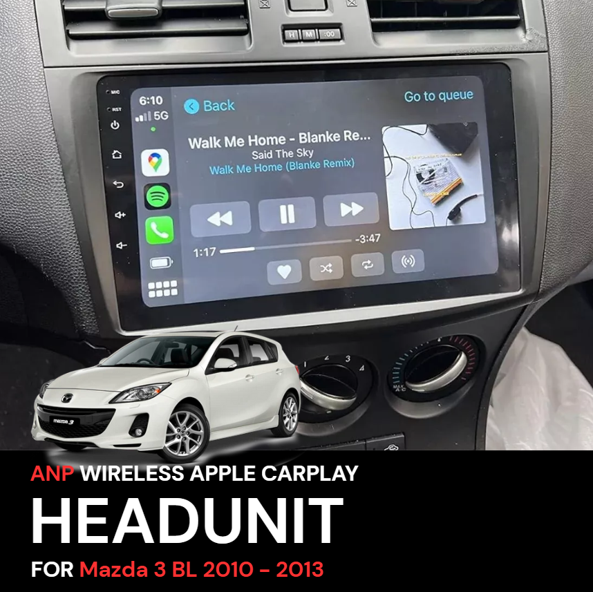 Car dashboard with a wireless Apple CarPlay headunit display, featuring a car and brand name at the bottom.