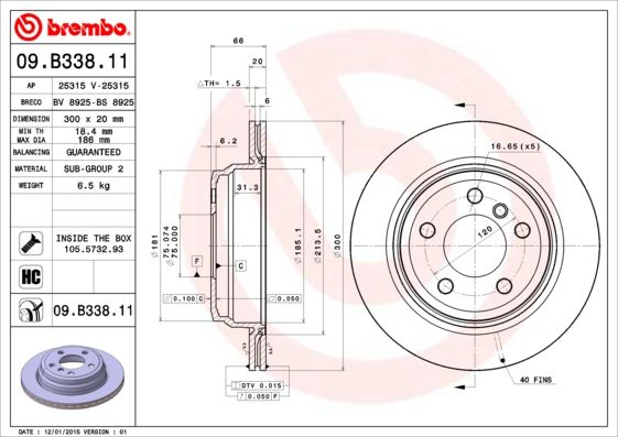Brembo 09.B338.11 Brake Disc Rotor Rear 300mm 3 Series F30, F31, F34, F80 2011–2019. BMW 4 Series F32, F33, F36, F82, F83 2013–2020 BMW 2 Series F22, F23, F87 2014–2020