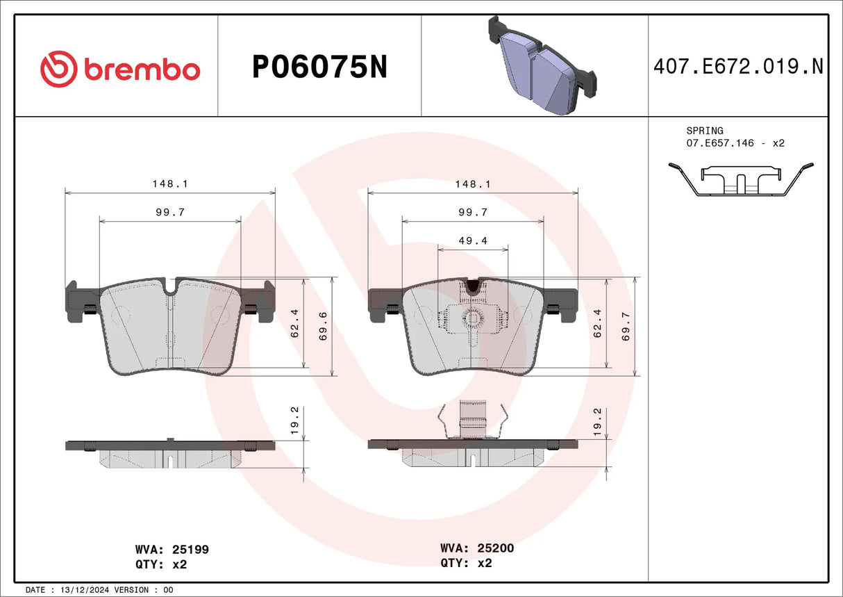 Brembo P06075N Prime Ceramic Brake Pad Set Front For BMW 1, 2, 3, 4 Series F20, F22, F30, F31, F32, F33, F34, F36, F80, F83, F87 X3 X4 F25 F26