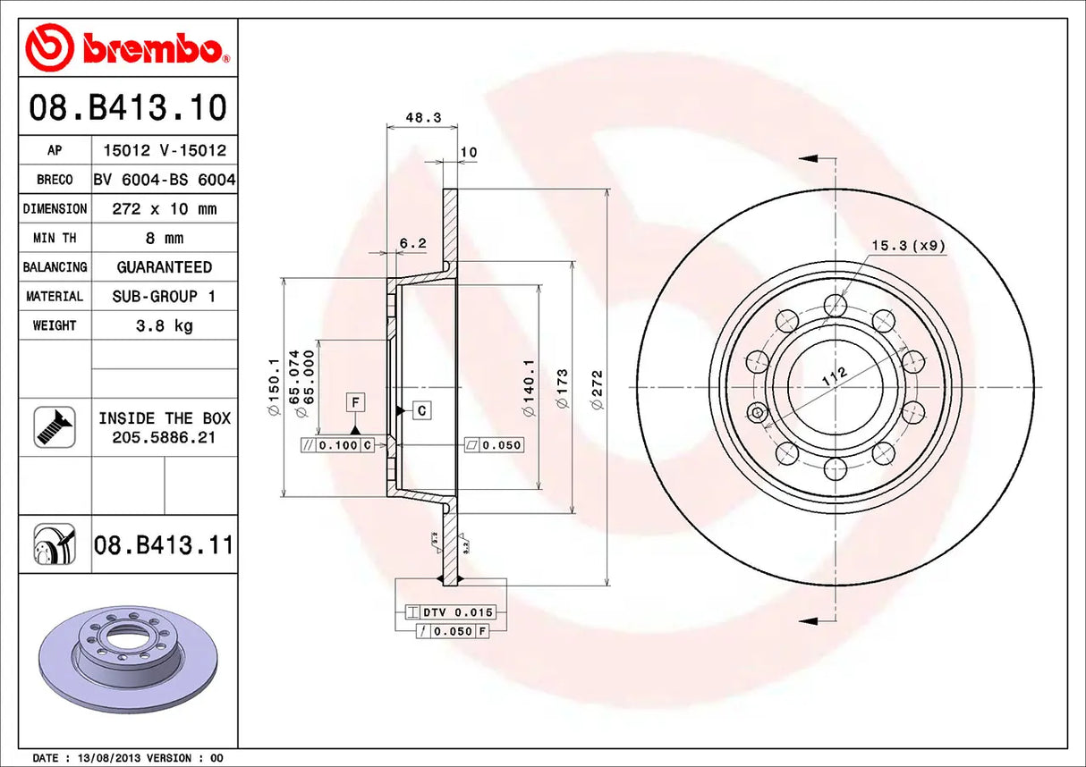 Brembo 08.B413.11 (Single) Brake Disc Rotor Rear 272mm for VAG group Audi, VW, Seat, Skoda Audi A3 8P1, 8PA, 8V1, 8VK VW Golf VI & VII Passat 2004–2022