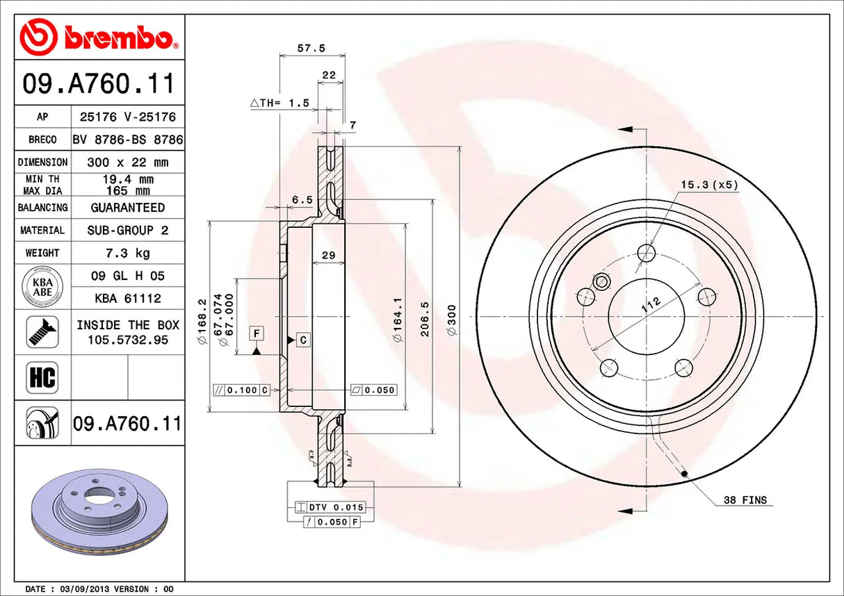 Brembo 09.A760.11 (Single) Brake Disc Rotor Rear 300mm For Mercedes-Benz C-Class (W204/C204/S204) and E-Class (C207/A207)