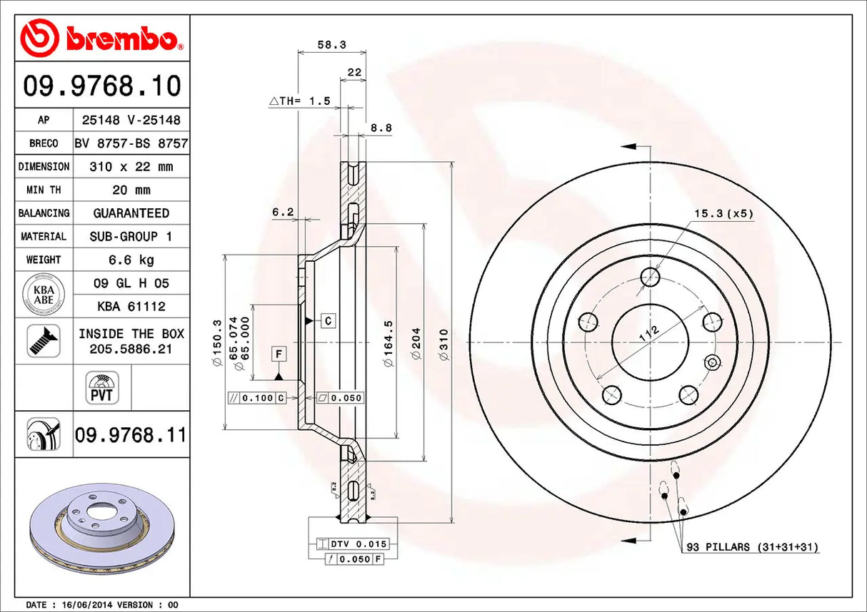 Brembo Disc Brake Rotor Rear (Single) 09.9768.11 09976811 For Audi TT 8J3 8J9
