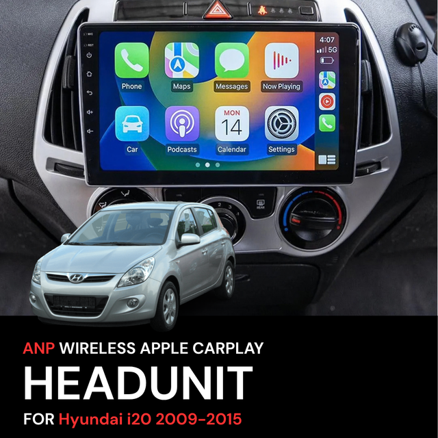 ANP wireless Apple CarPlay headunit installed in a Hyundai i20 dashboard, with a silver Hyundai car shown below and text reading 'ANP WIRELESS APPLE CARPLAY HEADUNIT FOR Hyundai i20 2009-2015'.