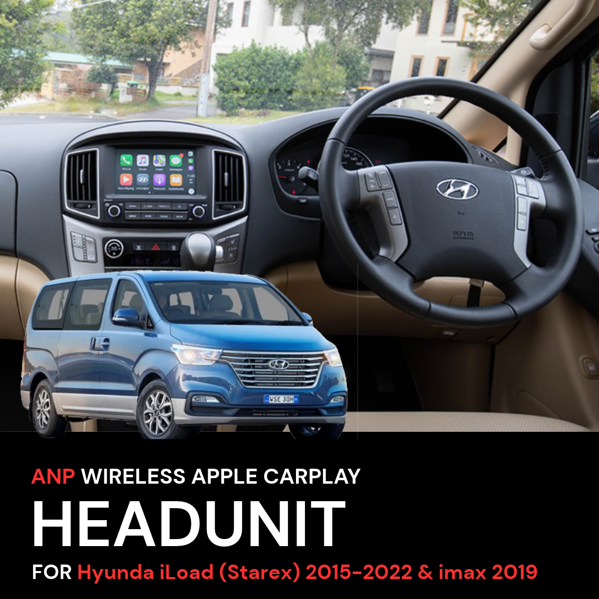 Headunit car stereo installation graphic for Hyundai iLoad (Starex) 2015-2022 and iMax 2019, showing a blue Hyundai iLoad van and a car interior dashboard with the headunit screen active.