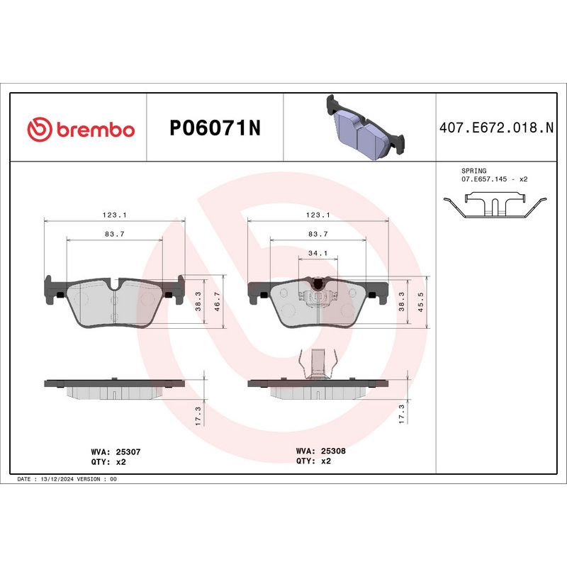 Brembo P06071N Prime Ceramic Brake Pad Set Rear For BMW 3 Series F30, F31, F34, F80 2011–2019. BMW 4 Series F32, F33, F36, F82, F83 2013–2020 BMW 2 Series F22, F23, F87 2014–2020